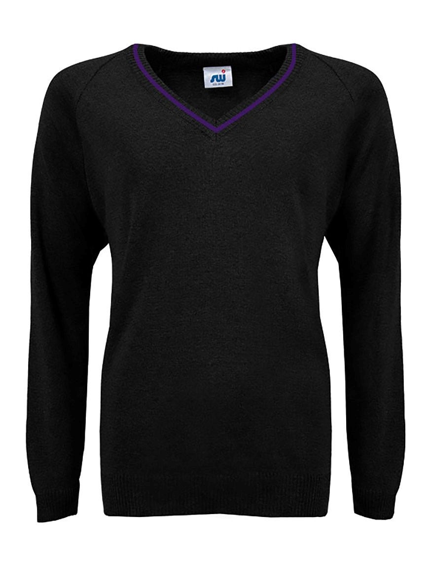 V Neck Knitted Jumper with Trim Black Deep Purple