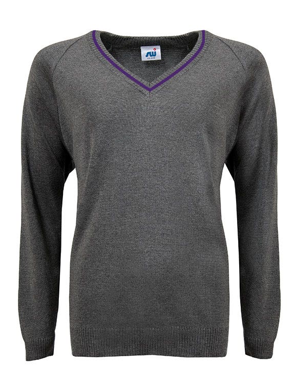 V Neck Knitted Jumper with Trim Grey Purple