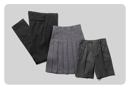 School uniform essentials including trousers, skirts and shorts